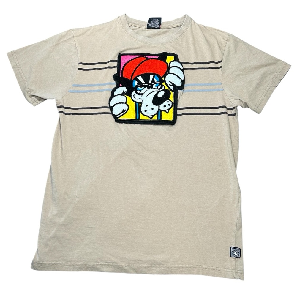 Southpole Dog Sweater Logo Y2K Crew Neck Shirt Mens Medium Beige Tan 3D Patch